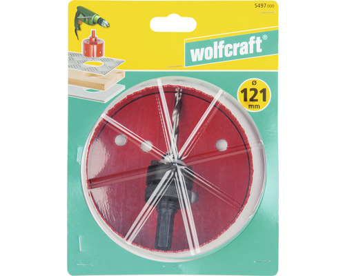 Wolfcraft gatenzaag met een diameter van 121 mm in verpakking.