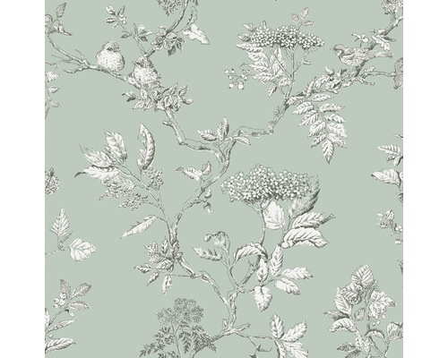 LAURA ASHLEY Vliesbehang 113345 Elderwood duck egg Behang met vogel- en plantenmotief