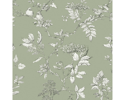 LAURA ASHLEY Vliesbehang 113348 Elderwood sage Behang met vogel- en plantenmotief