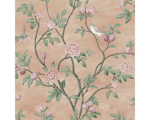 LAURA ASHLEY Vliesbehang 113372 Eglantine blush Behang met bloemen, bladeren, vruchten en vogels op takken