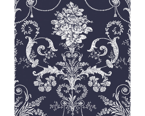 LAURA ASHLEY Vliesbehang 113386 Josette midnight Detailopname van een vliesbehang met bloemmotieven en ornamenten