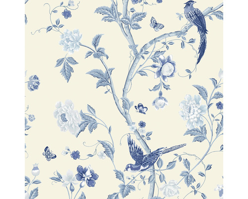 LAURA ASHLEY Vliesbehang 113390 Summer palace royal blue Behang met bloemen-, vogel- en vlinderpatroon