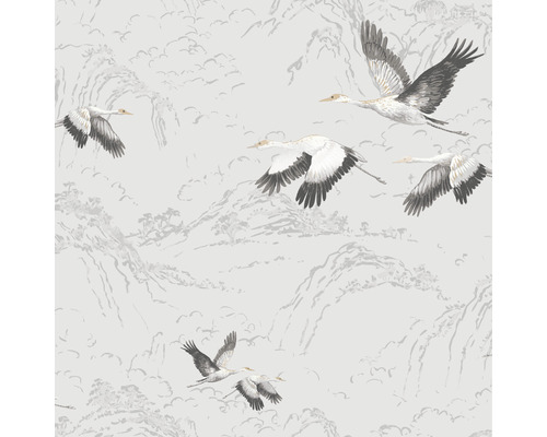 LAURA ASHLEY Vliesbehang 113394 Animalia silver Behang met kraanvogels en berglandschap