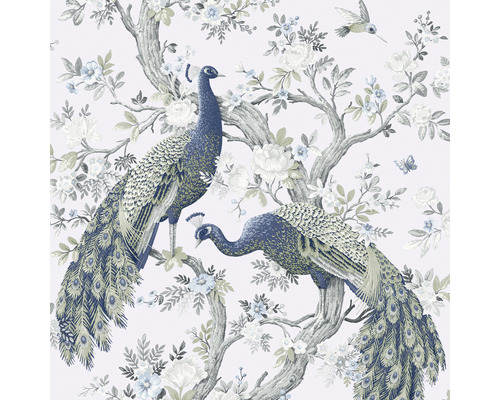 LAURA ASHLEY Vliesbehang 113397 Belvedere midnight Behang met ontwerp van pauwen, bloemen en bomen