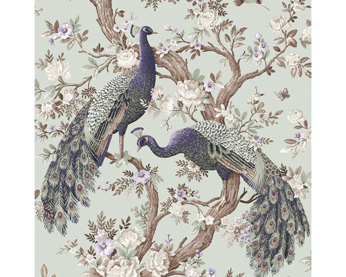 LAURA ASHLEY Vliesbehang 113398 Belvedere duck egg Behang met pauwen en bloemmotief