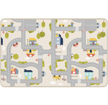 Speelkleed met stadsontwerp, inclusief wegen, huizen en auto''s.