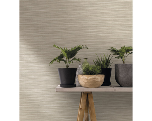 Close-up van een muur met horizontaal patroonbehang en diverse kamerplanten op een houten tafel