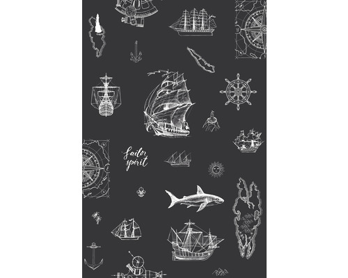 MARBURG Vliesbehang 45842 Kids Walls boten zwart Zwartgekleurde stof met nautische motieven zoals schepen, ankers, kompassen en haaien