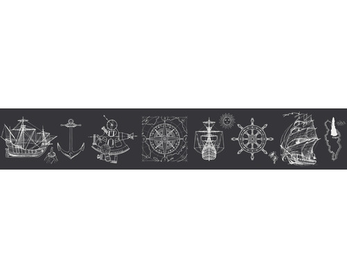 MARBURG Behangrand vlies 45843 Kids Walls boten zwart 5 m x 18 cm Illustratie met schepen, anker, sextant, kompasroos, stuurwiel en eiland
