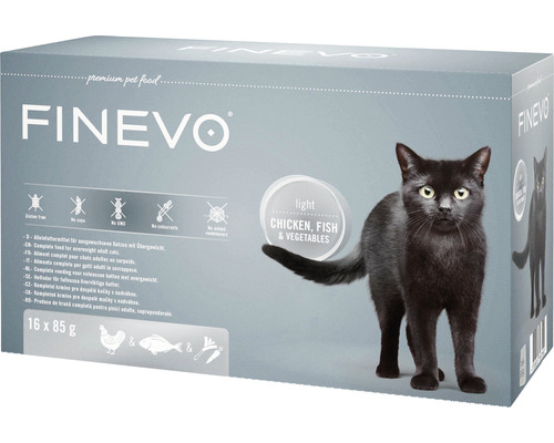 FINEVO Kattenvoer nat Light kip, vis en wortel 16x85 g FINEVO kattenvoeding voor volwassen katten met overgewicht, 16 maal 85 gram