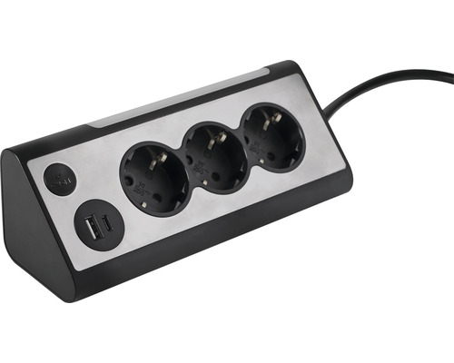 Q-LINK Stekkerdoos 3-voudig met randaarde, USB-A, USB-C, LED-lamp RVS-look/zwart Stekkerdoos met drie stopcontacten en twee USB-poorten