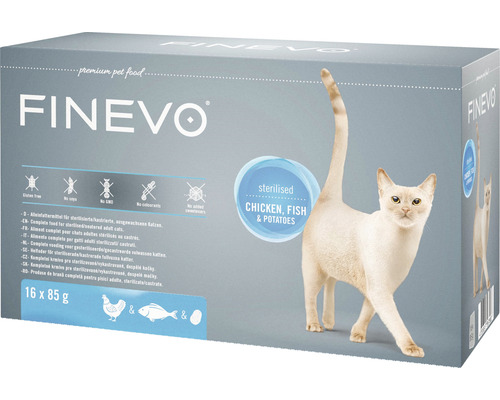 FINEVO Kattenvoer nat Sterilised kip, vis en aardappel 16x85 g FINEVO kattenvoer voor gesteriliseerde katten met kip, vis en aardappelen, 16 maal 85 gram