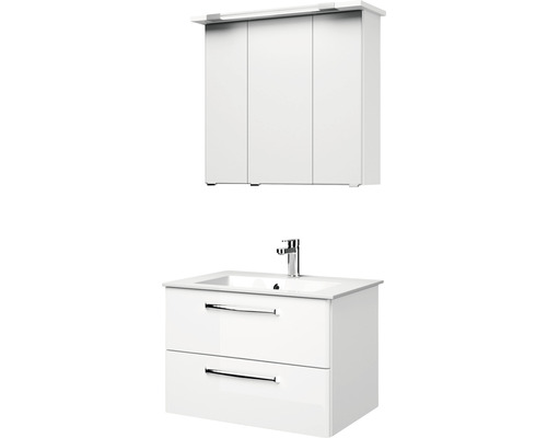 Witte wastafelonderkast met twee laden en spiegelkast met drie deuren