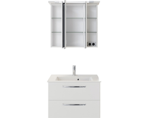 Witte wastafelonderkast met wastafel en spiegelkast met drie deuren en legplanken