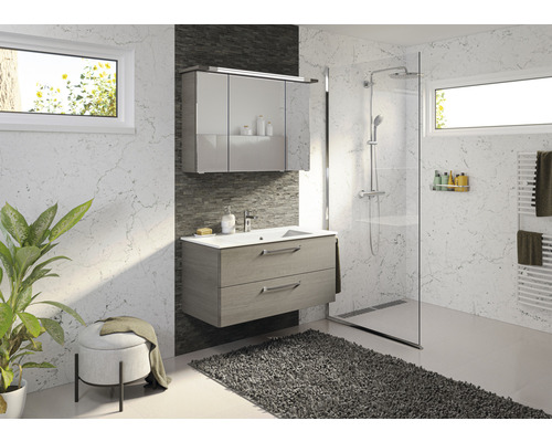 Badkamer met wastafelonderkast, spiegelkast, douche en radiator