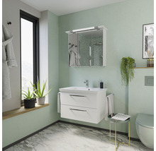 Lichte badkamer met wastafelonderkast, spiegelkast en bijpassend toilet.