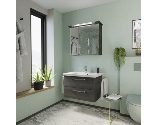 Moderne badkamer met wastafelonderkast, spiegelkast en decoratie