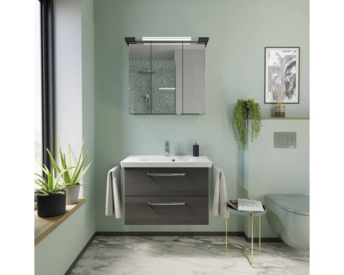 Badkamer met wastafelonderkast, spiegelkast en toilet