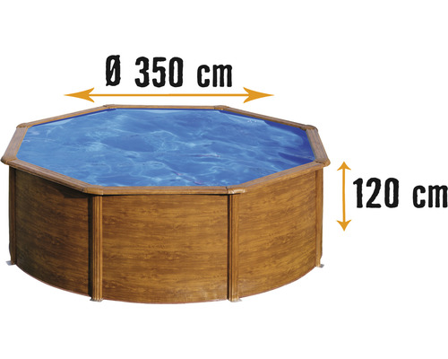Opzetzwembad van hout met een diameter van 350 centimeter en een hoogte van 120 centimeter