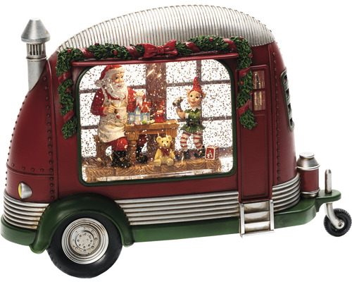 Sneeuwbol in de vorm van een caravan met de kerstman en een elf