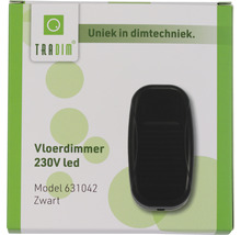 Tradim Logo. Zwarte vloerdimmer 230V LED in productverpakking.