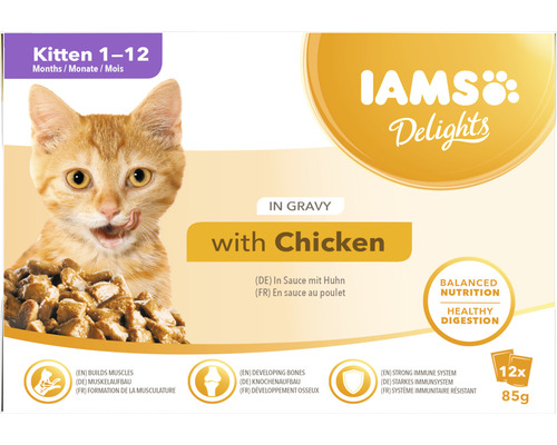 Iams Delights kattenvoeding voor kittens van 1 tot 12 maanden met kip in jus, 12 porties