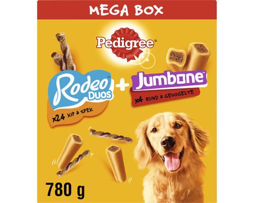 Pedigree Megabox met diverse hondensnacks, waaronder Rodeo Duos en Jumbone, 780 gram