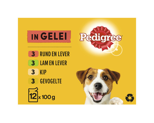 Pedigree hondenvoer multipack in gelei met rund en lever, lam en lever, kip en gevogelte, 12 stuks van 100 gram