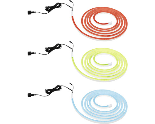 Drie ledstrips in verschillende kleuren met zwarte kabel