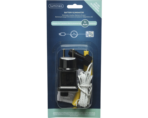 Batterij-eliminator in blisterverpakking, inclusief adapter en kabel