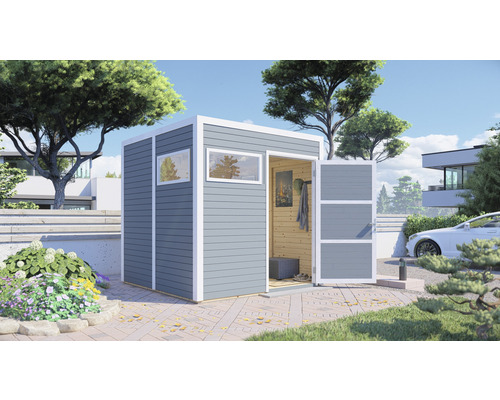 Tuinhuis met raam en open deur in de tuin