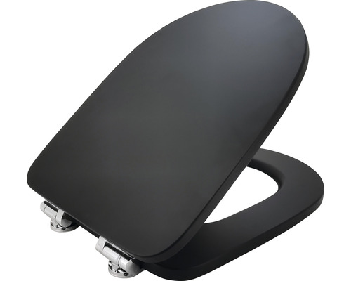 Zwarte toiletzitting met vierkante vorm en verchroomde scharnieren