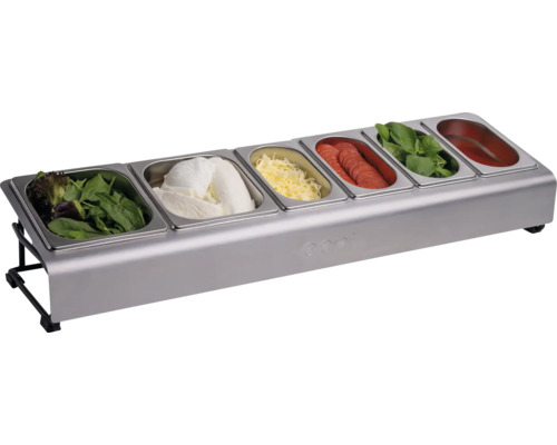 Roestvrijstalen bak met ingrediënten zoals sla, mozzarella, kaas, salami, basilicum en tomatensaus