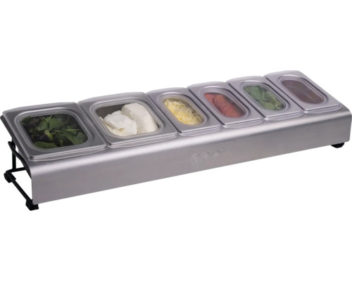 Pizzabelegstation met zes bakken en diverse ingrediënten