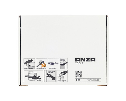Verpakking met Anza Tools logo en instructies voor gebruik als emmeropener, rollenschraper, schroevendraaier, liniaal, deurknopopener en flesopener