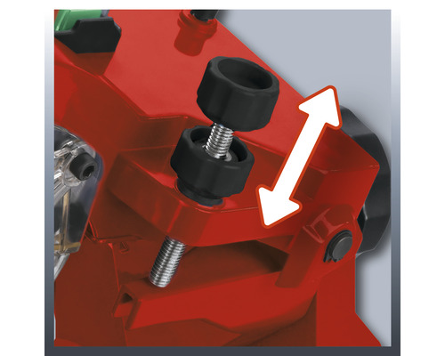 Detailopname van een zaag met stelschroef en pijl ter illustratie van de verstelbaarheid