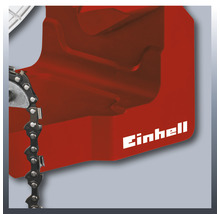 Detailweergave van een Einhell kettingzaag met Einhell logo.