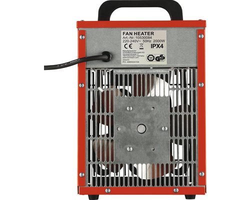 Achteraanzicht ventilatorkachel met ventilator en rood frame