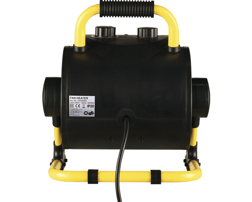 Ventilatorkachel met geel frame en zwarte behuizing