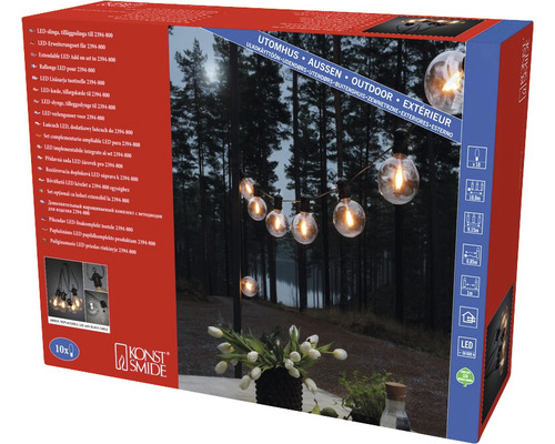Konst Smide Logo. Verpakking van een LED-lichtsnoer voor buiten met tien lampen