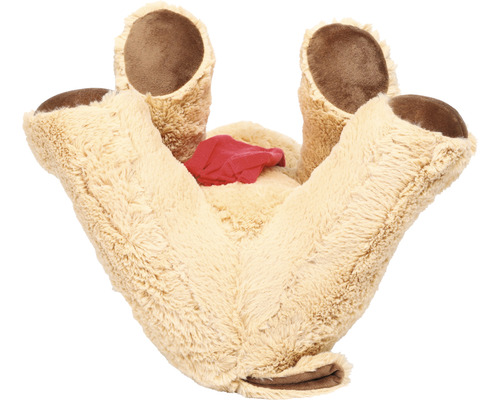 Knuffeldier van onderaf met rode stof
