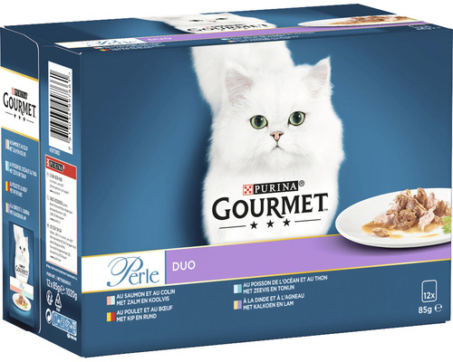 GOURMET Kattenvoer nat pouch duo rund-kip 12x85 gr Verpakkingseenheid kattenvoer met vis en gevogelte