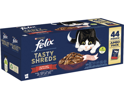 FELIX Kattenvoer nat Pouch Heerlijke reepjes multipack 44x85 gr Felix Tasty Shreds kattenvoer, 44 stuks jumbo verpakking