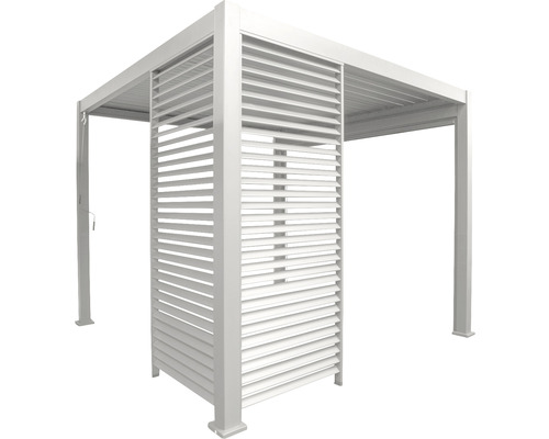 Vrijstaande witte aluminium pergola met lamellenwand