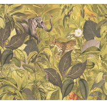 Behang met jungle thema, inclusief olifant, luipaard en diverse vogels