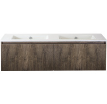 Wastafelonderkast met dubbele wasbak en houten decor