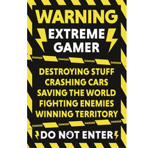 Waarschuwingsbord: Extreme gamer vernielt spullen, veroorzaakt auto-ongelukken, redt de wereld, vecht tegen vijanden, verovert gebied. Verboden toegang