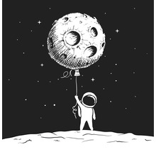 Illustratie van een astronaut die een maanballon in de ruimte vasthoudt