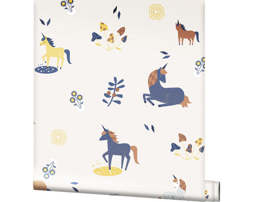 Behang met eenhoorn-, paddenstoel- en plantmotieven voor de kinderkamer