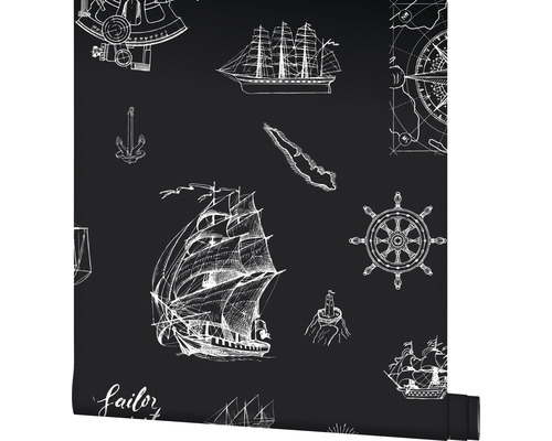 Behang met schepen, ankers, kompas en stuurrad motieven